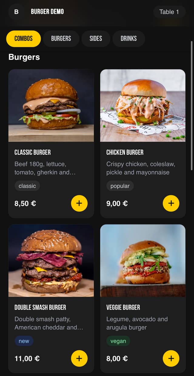 Vista del menú para clientes en el móvil
